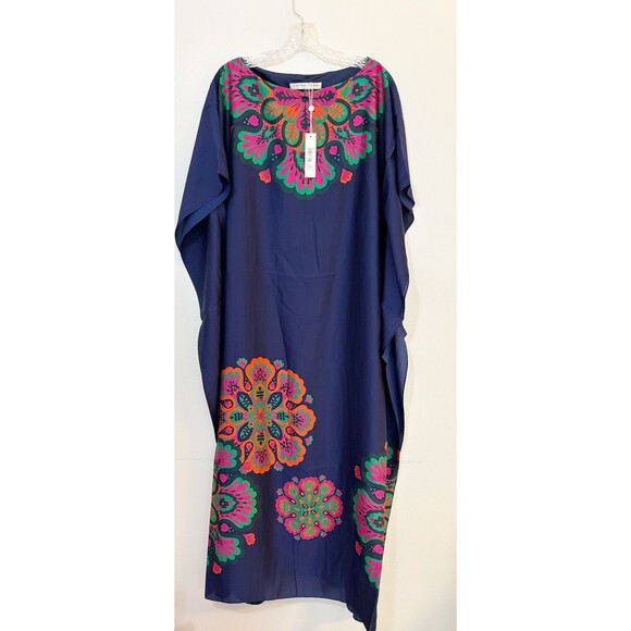 TRINA TURK Theodora Maxi Caftan Dress XS Navy Blue With Floral Design - Picture 1 of 7